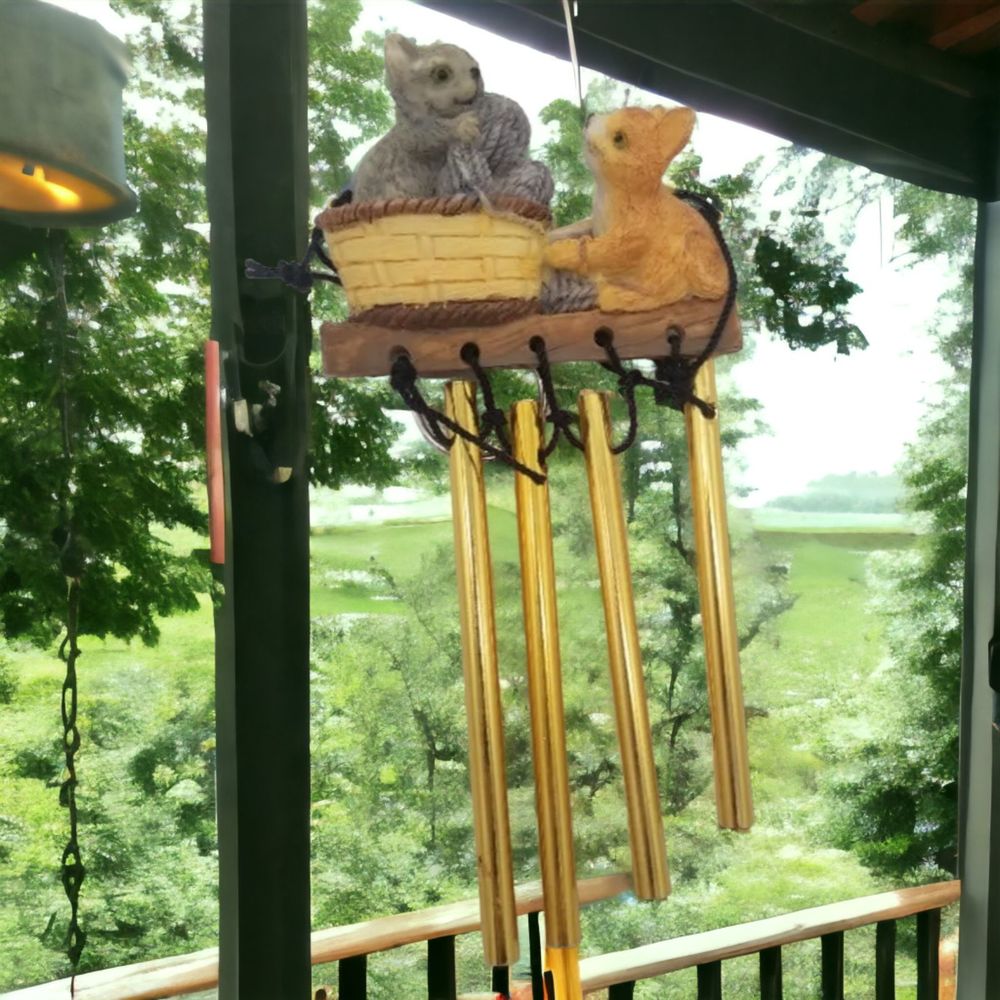 Wind Chimes Two Kittens Playing with Yarn Balls Basket Metal Rod Resin